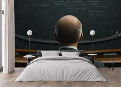 A man sits in a chair facing a wall with text, looking at the text. Wall mural