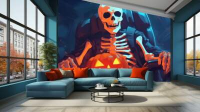 A skeleton driving a vehicle with a carved pumpkin, evoking Halloween vibes. Wall mural