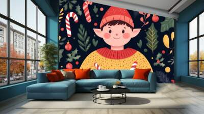 A smiling elf with a red hat and yellow sweater holding candy canes, surrounded by Christmas decorations. Wall mural