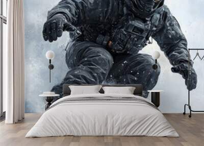 A snowboarder in black gear carves down a snowy slope, leaving a trail of powder in his wake. Wall mural