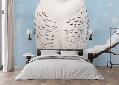 A snowy owl perched on a branch against a light blue background. Wall mural