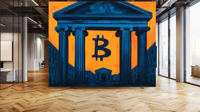 A stylized depiction of a bank with a Bitcoin symbol in the archway, symbolizing the rise of cryptocurrency. Wall mural