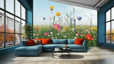 A vibrant field of colorful wildflowers under a clear blue sky. Wall mural