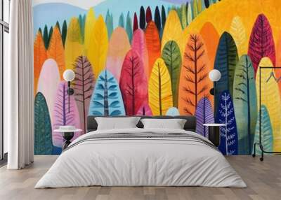 A vibrant forest scene with colorful trees and hills, showcasing nature's beauty. Wall mural