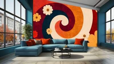 Abstract spiral background with flowers in vintage style. Wall mural