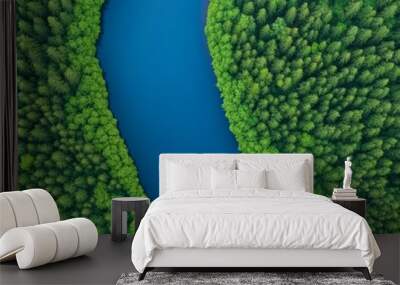 Aerial view of a winding river surrounded by lush green forests. Wall mural