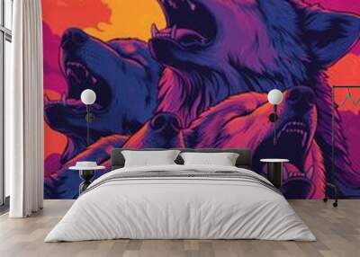 Four wolves howl at a full moon in a vibrant purple and orange sky. Wall mural