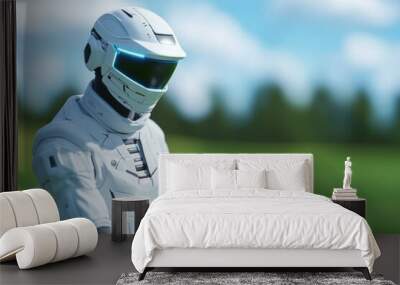 Futuristic astronaut in a white suit and helmet stands in a field. Wall mural