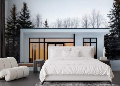 Modern white house with large windows and wooden deck, situated in a snowy, forested area. Wall mural