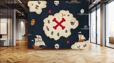 Seamless pattern of pirate ships, islands, and treasure on a dark blue background. Wall mural