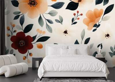 Seamless pattern with red, white, and orange floral design on a beige background. Wall mural