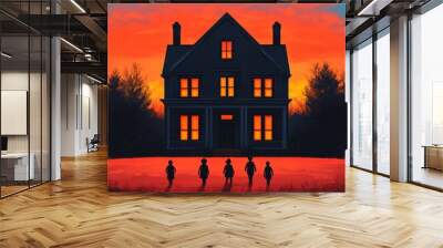 Silhouettes of children in front of a dark house at sunset. Wall mural