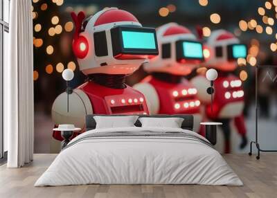 Three colorful robots with screens and lights, set against a festive backdrop. Wall mural