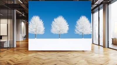 Three snow-covered trees stand in a row against a clear blue sky, creating a minimalist winter scene. Wall mural