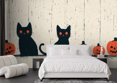 Two black cats with glowing eyes beside carved pumpkins on a textured background. Wall mural