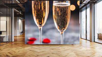 Two champagne flutes with bubbles and rose petals, creating a romantic ambiance. Wall mural