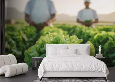 Two farmers harvesting fresh lettuce in a field. Wall mural