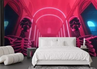 Two neon skeletons in a vibrant, atmospheric corridor. Wall mural