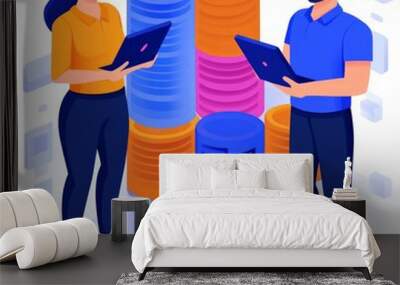 Two professionals analyzing data with digital devices near colorful charts. Wall mural