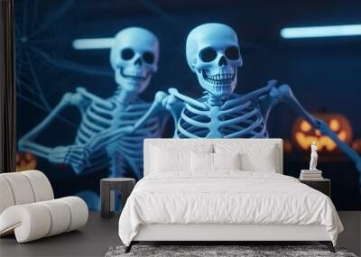 Two skeletons with pumpkins and spider webs, creating a Halloween atmosphere. Wall mural