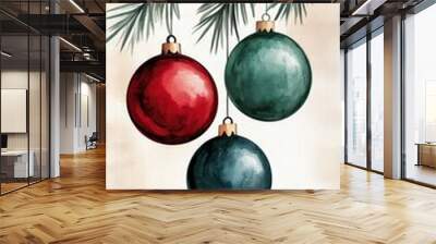 Watercolor painting of three Christmas ornaments hanging from a pine branch. Wall mural