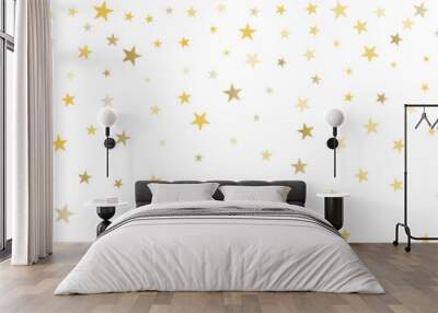 Gold stars vector background, sparkling Christmas confetti falling isolated on white. Magic shining flying golden stars glitter backdrop, sparkle border Wall mural