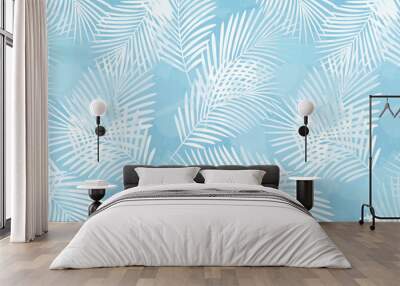 Palm Leaves Pattern. Watercolor tropic leaves seamless vector background, jungle print light blue texture Wall mural