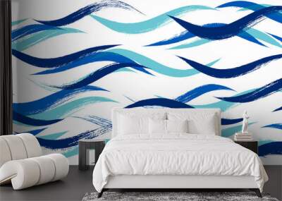 Seamless Wave Pattern, Hand drawn water sea modern vector background. Wavy beach brush stroke, curly grunge paint lines, watercolor illustration Wall mural