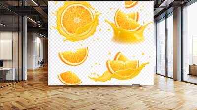 3D realistic set of isolated different vector splashes of orange juice with slices and slices of orange fruit Wall mural