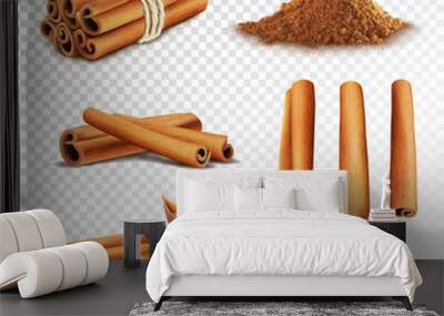 3d realistic vector set of cinnamon ( cinnamon sticks tied with a rope, anise stars and a pile of cinnamon) Wall mural