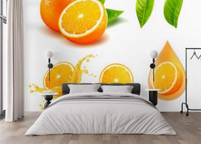 3d realistic vector set of elements ( whole orange, sliced orange, splash orange juice, drop orange oil, leaves). Editable handmade mesh Wall mural