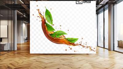 Realistic transparent isolated vector falling splash of tea with leaves, editable handmade mesh Wall mural