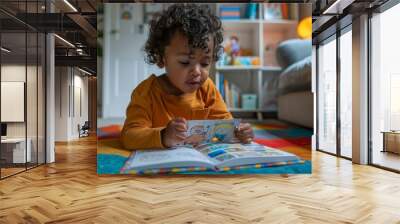 A focused toddler of mixed ethnicity colors in a book on a vibrant play mat, immersed in the world of learning and creativity. Wall mural