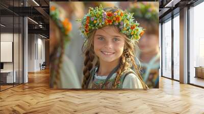 Two girls with joyous expressions wearing colorful flower wreaths and traditional clothing at a festive event. Wall mural