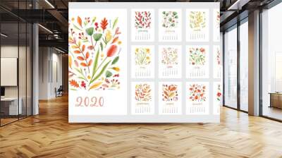 2020 year calendar design week start on sunday set of page templates. Collection of schedule page with months decorated flowers and plants isolated on white. Colored weekly timetable Wall mural