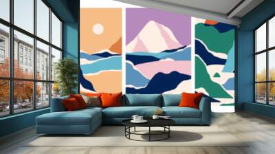 Abstract landscapes, travel cards set. Nature sceneries, vertical backgrounds. Mountain and sea pattern, sun and moon, interior posters designs in modern trendy style. Flat vector illustrations Wall mural