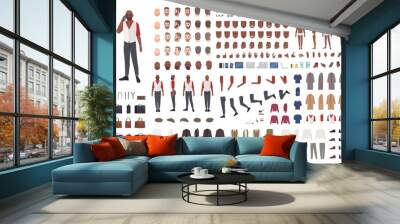 African American man creation set or avatar kit. Collection of male body parts in different poses, clothes isolated on white background. Front, side, back views. Flat cartoon vector illustration. Wall mural