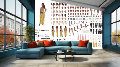 African American woman in evening dress constructor kit or character generator. Set of body parts, elegant clothes and accessories. Female celebrity. Front, side, back views. Flat vector illustration. Wall mural