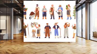 Agricultural worker set. Farmers, countryside rural characters, farming. Happy people during farm and garden works with crops, harvest, shovel. Flat vector illustrations isolated on white background Wall mural