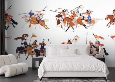 ancient, medieval horse warriors, history set. military horsemen ride horseback, armoured with arrow Wall mural