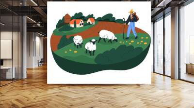 Animal farmer, man shepherd, sheep breeder at livestock farm. Rural country landscape, pasture with herdsman and ewes grazing at countryside. Flat vector illustration isolated on white background Wall mural