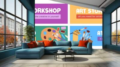 Art studio, artist store, web banner designs set. Creative hobby shop, drawing school, course, header background. Creativity education, long sale backdrop templates. Flat vector illustrations Wall mural