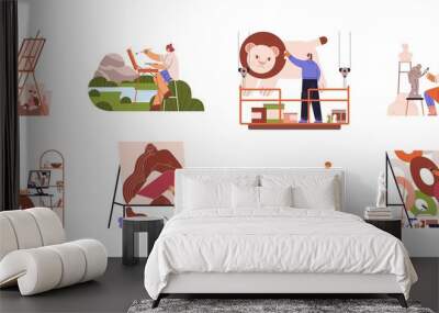 Artists or creative people at working process. Plein air, creating murals, computer graphics, collage, sculptures, abstract painting and still life drawing. Fine art hobbies. Flat vector illustration Wall mural