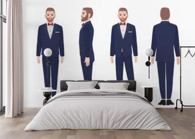 Attractive bearded man dressed in elegant suit or tuxedo. Happy male cartoon character wearing formal evening clothing and bowtie. Front, side and back views. Vector illustration in flat style. Wall mural