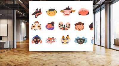 Avatars of abstract funny crazy characters with different emotions. Set of cute whimsical face icons. Profiles of ugly bizarre creatures. Colored flat vector illustration isolated on white background Wall mural