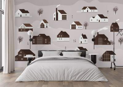 Banner with various country houses of modern Scandinavian architecture and walking people. Background with town buildings, suburb or village. Monochrome vector illustration in flat cartoon style. Wall mural