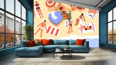 Beach banner with people crowd sunbathing and relaxing on sand. Tiny tourists characters resting at sea resort, seaside relaxation on summer holiday, vacation, top view. Flat vector illustration Wall mural