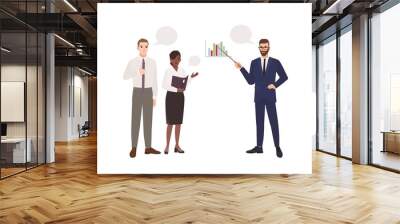 Bearded man in office suit making presentation in front of colleagues. Business meeting. Managers taking part in professional discussion, conversation or dialog. Flat cartoon vector illustration. Wall mural