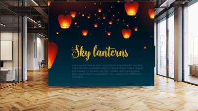 Beautiful horizontal background with Kongming Chinese lanterns and place for text. Backdrop with traditional asian festival airborne decorations in dark night sky. Colorful vector illustration. Wall mural