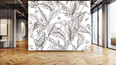 beautiful seamless pattern with coffea or coffee tree branches, leaves, blooming flowers and fruits  Wall mural